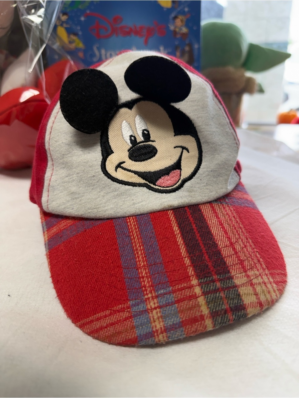 Disney Mickey Mouse Red Plaid Hat with Embroidered Face